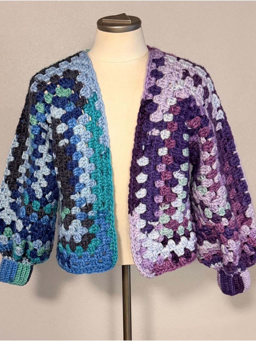 Handcrafted Crochet Cardigan Granny Square Sweater - Purple & Blue Mix One Size